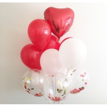 Μπουκέτο με Μπαλόνια Κόκκινα, Λευκά, Διάφανα με κονφετί και Καρδιά
